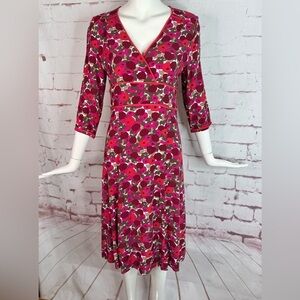 VTG BODEN Mod Floral Print Reds Oranges Tan Faux Wrap 3/4” Sleeve Dress Size 10L